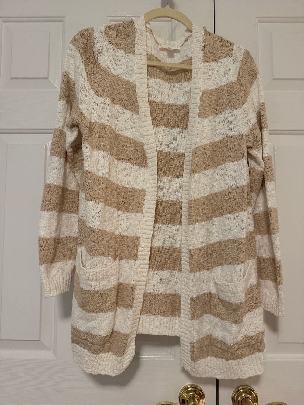 Belle by Kim Gravel Striped Open-Front Cardigan - Cream & Tan